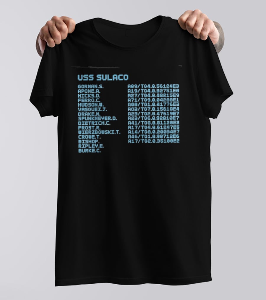USS Sulaco Personnel Roster Aliens Ripley Hicks Hudson Vasquez Gorman Bishop T-Shirt
