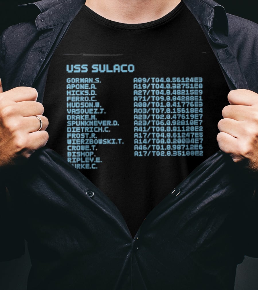 USS Sulaco Personnel Roster Aliens Ripley Hicks Hudson Vasquez Gorman Bishop T-Shirt