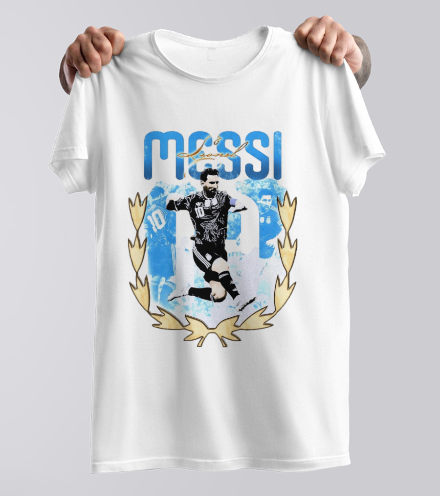 Messi 10 Sliding Celebration With Gold Laurel Wreath T-Shirt