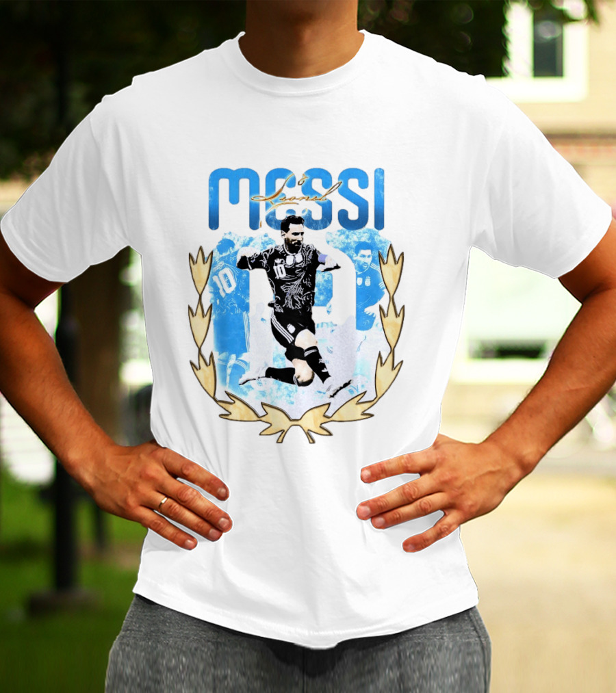 Messi 10 Sliding Celebration With Gold Laurel Wreath T-Shirt