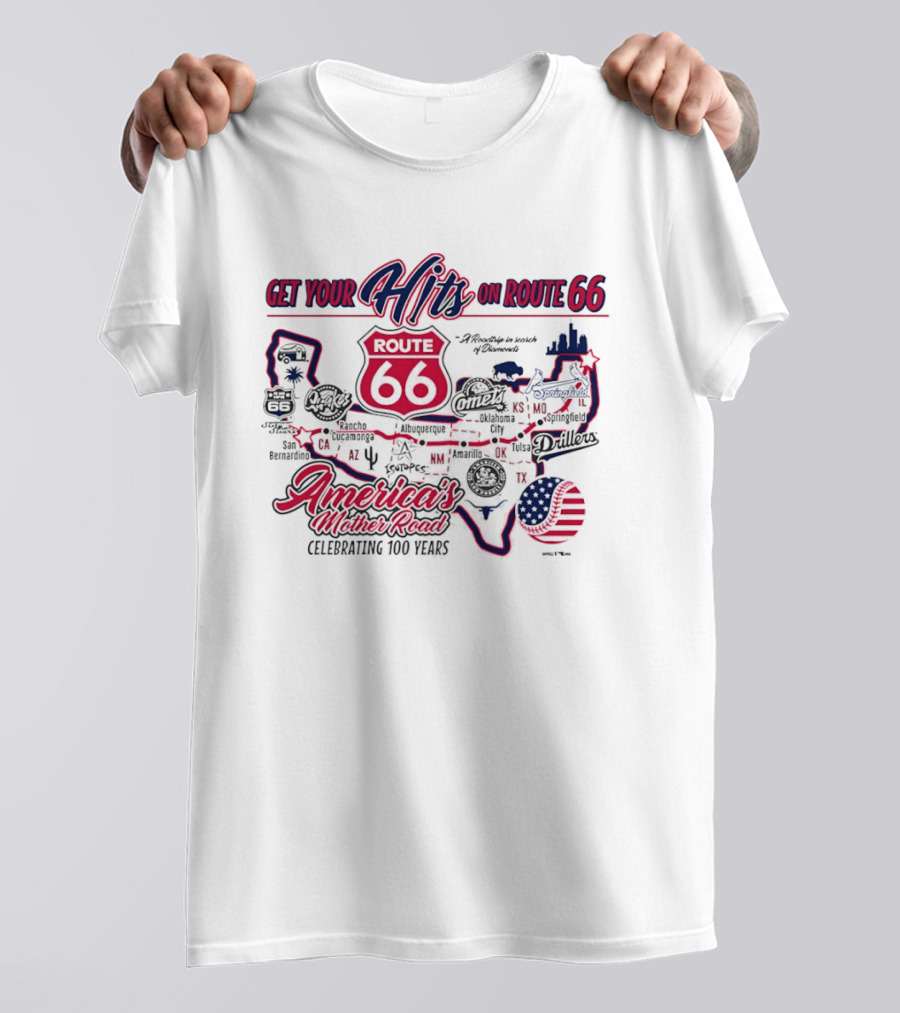 Get Your Hits On Route 66 America's Mother Road Celebrating 100 Years Baseball Map T-Shirt
