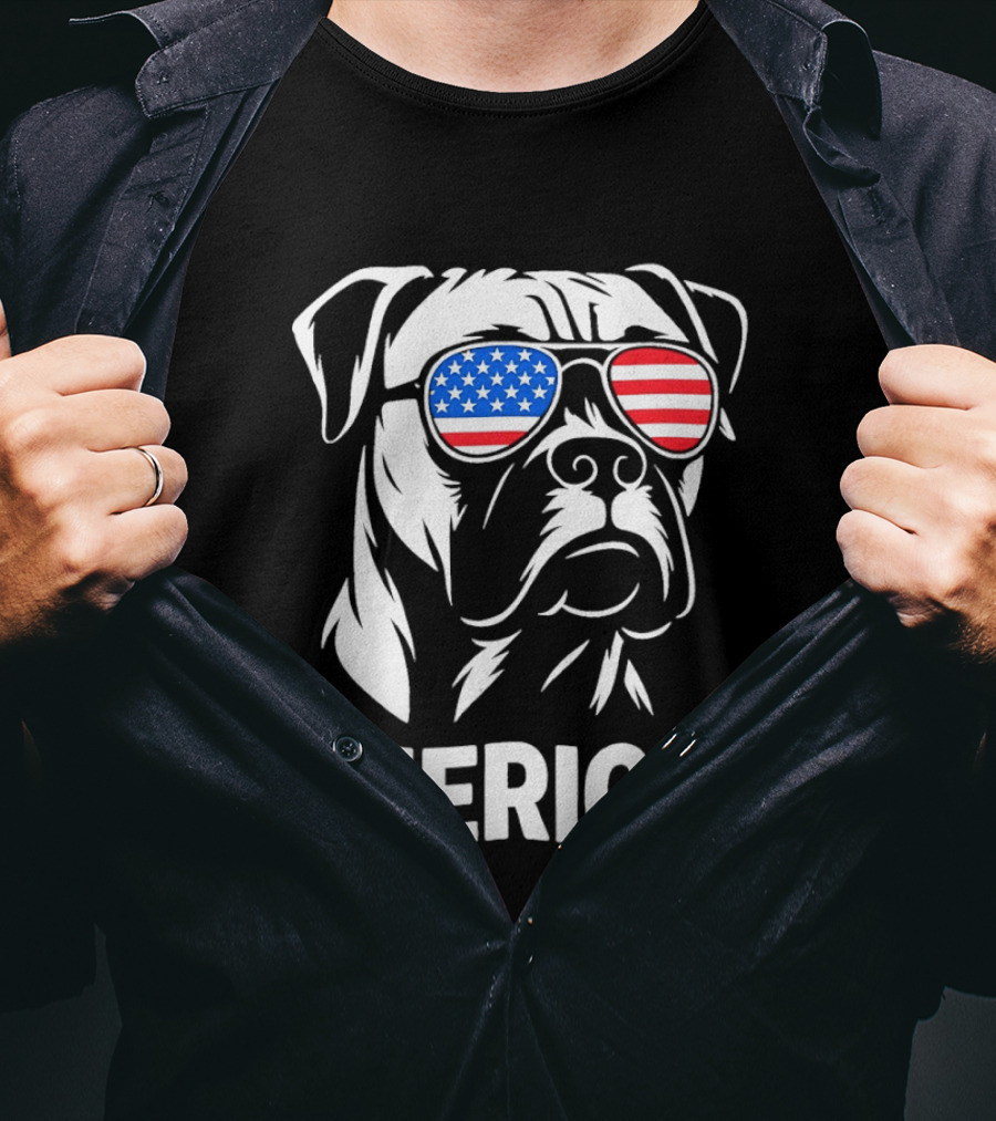 American Bulldog With USA Flag Sunglasses 'Merica T-Shirt