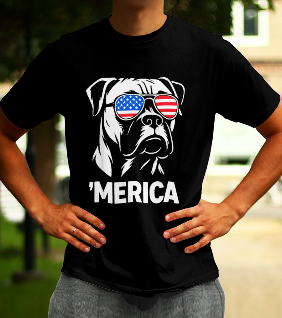 American Bulldog With USA Flag Sunglasses 'Merica T-Shirt