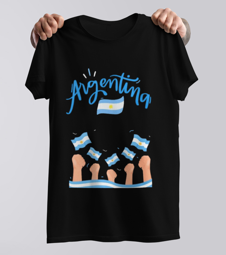 Argentina Celebration Raised Fists Waving Flags Enthusiastic Spirit T-Shirt