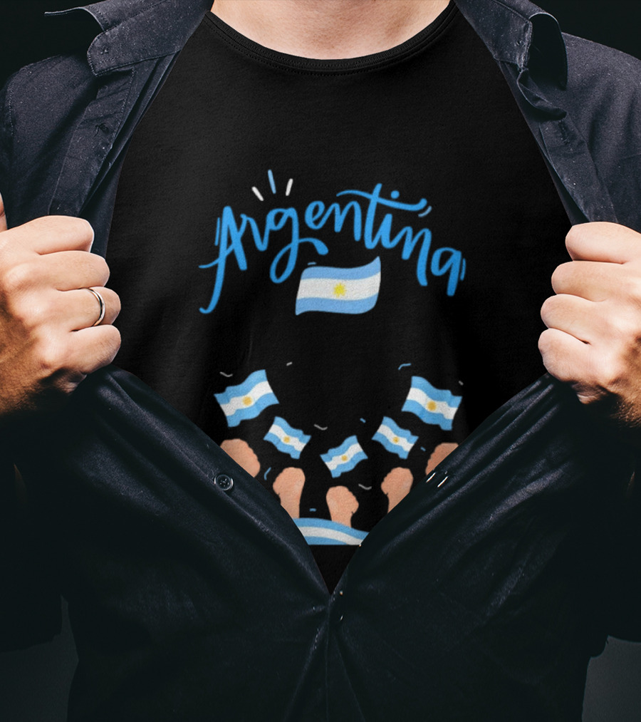 Argentina Celebration Raised Fists Waving Flags Enthusiastic Spirit T-Shirt