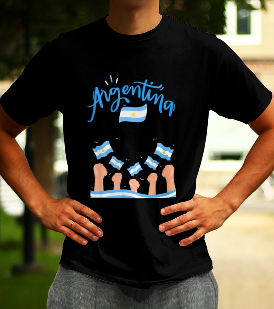 Argentina Celebration Raised Fists Waving Flags Enthusiastic Spirit T-Shirt