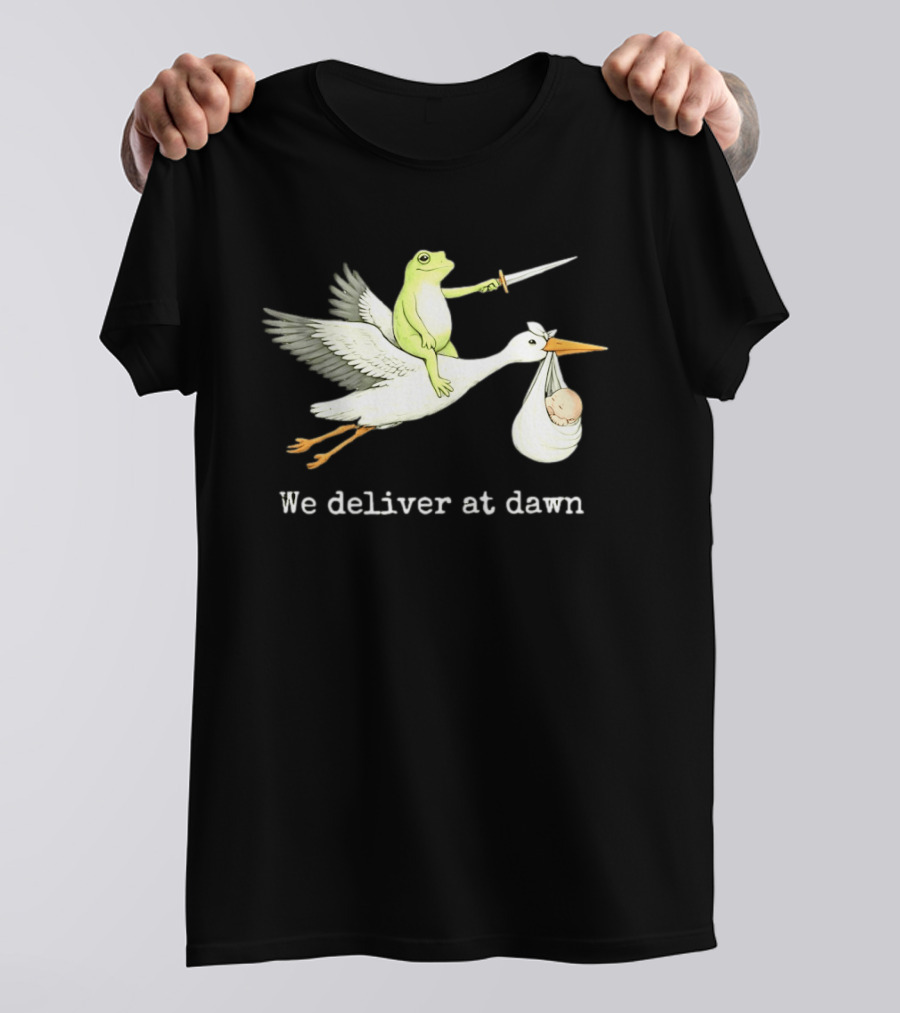 Frog Riding Stork With Sword We Deliver At Dawn T-Shirt