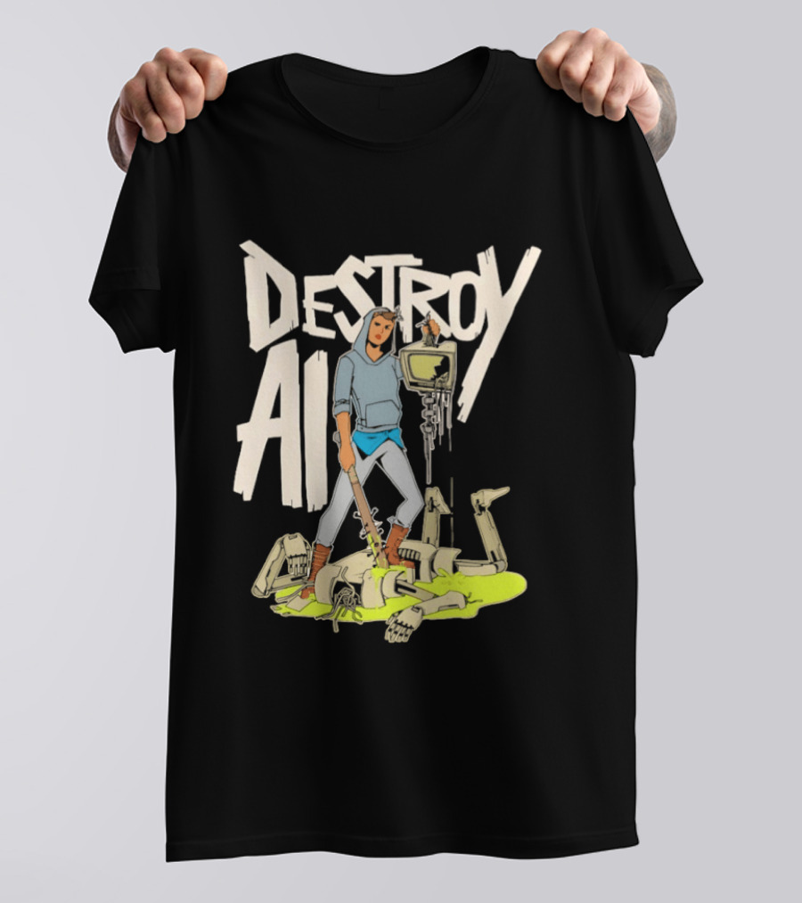 Destroy AI Sci Fi Cyberpunk Robot Resistance Heroic Battle Scene T-Shirt