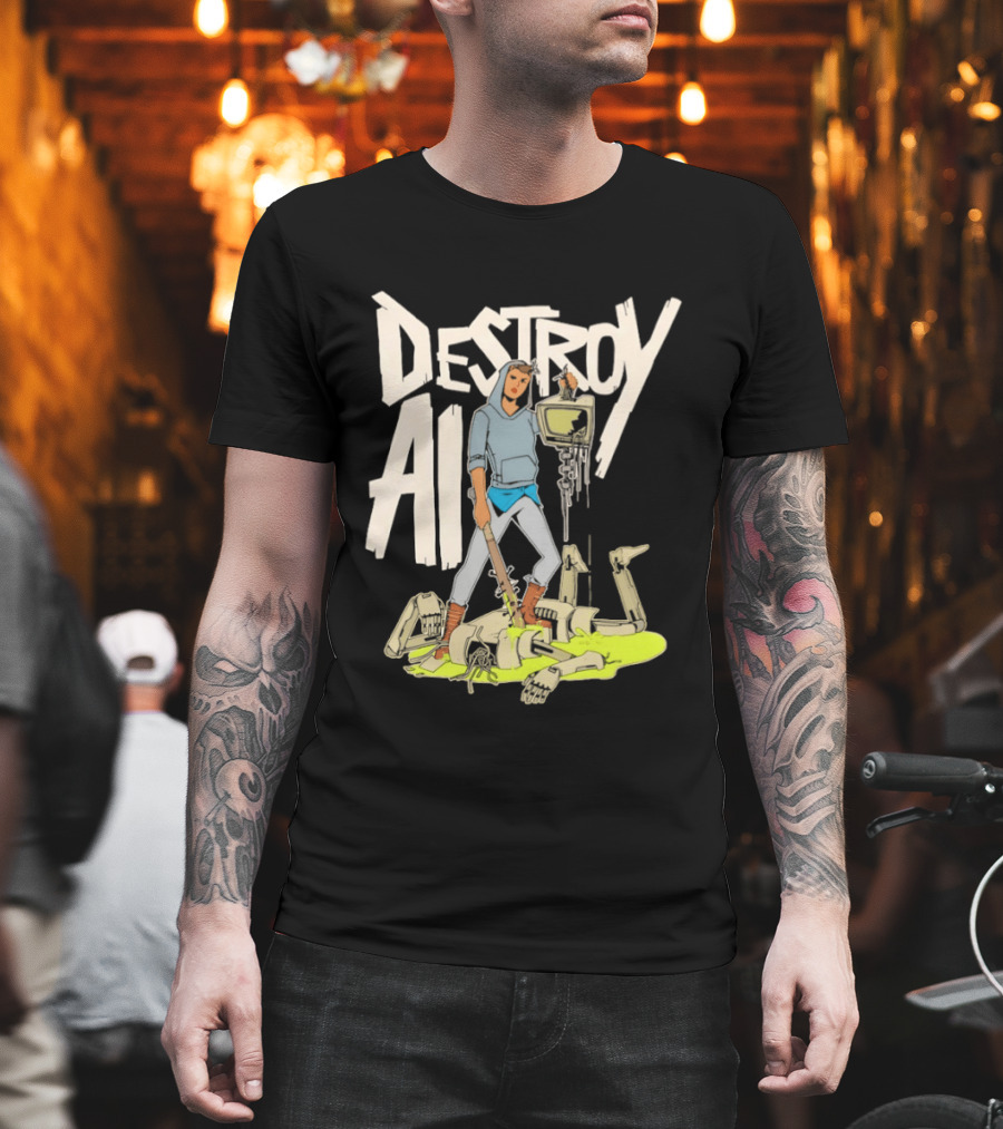 Destroy AI Sci Fi Cyberpunk Robot Resistance Heroic Battle Scene T-Shirt