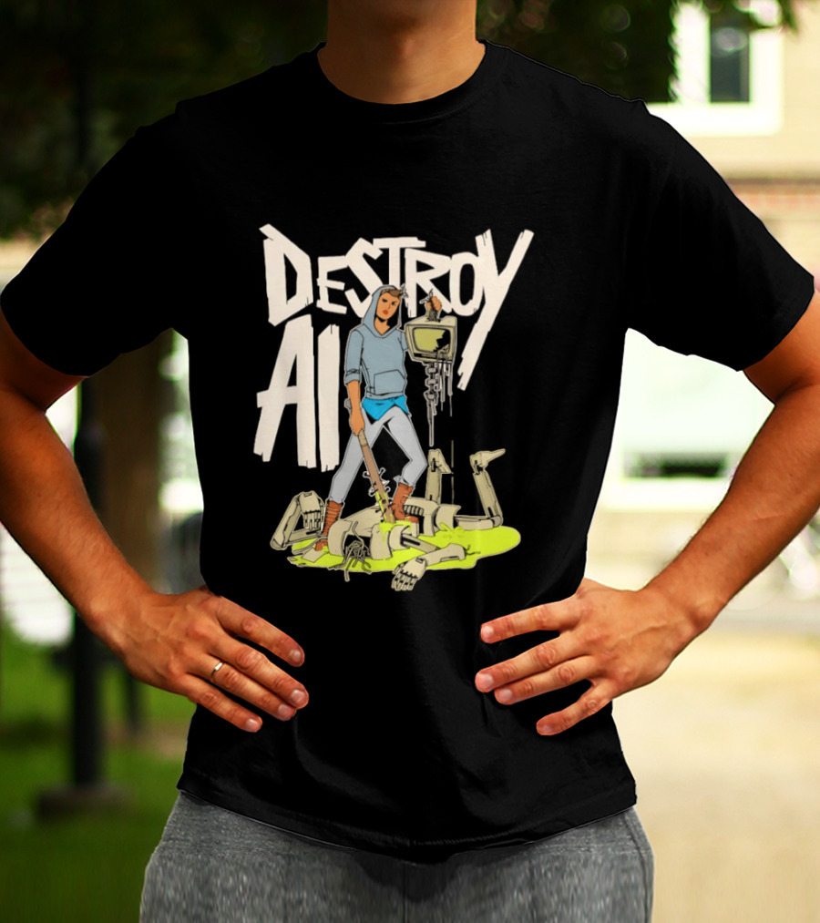 Destroy AI Sci Fi Cyberpunk Robot Resistance Heroic Battle Scene T-Shirt