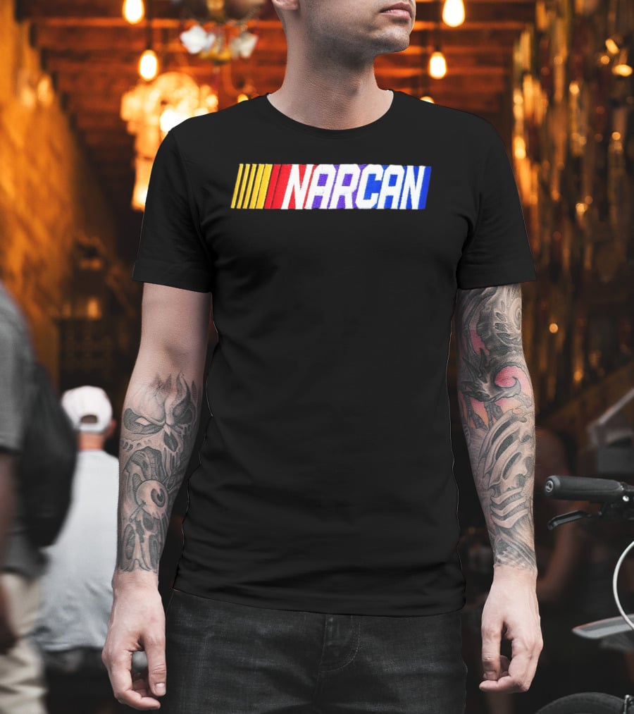 NASCAR Style NARCAN Text With Racing Stripes T-Shirt