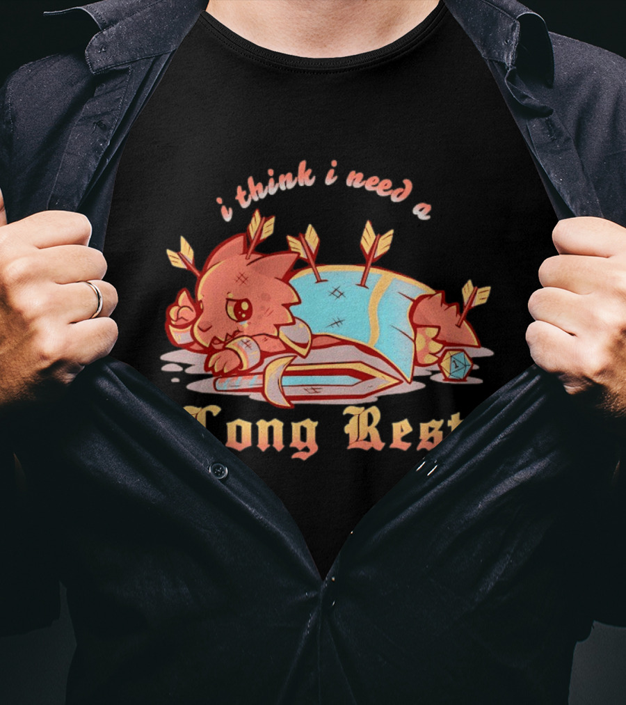 I Think I Need A Long Rest Warrior Cat Lying With Arrows DnD T-Shirt