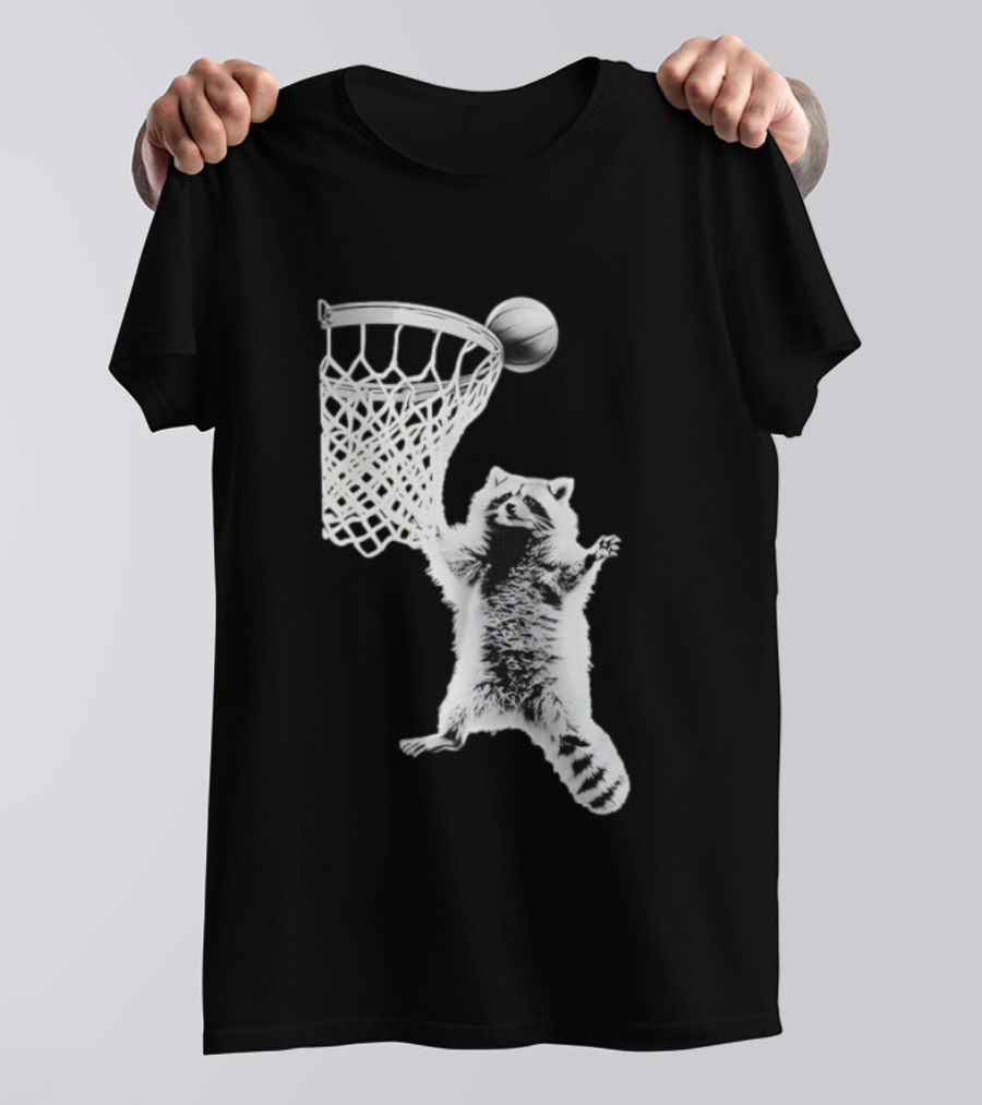 Raccoon Dunking Basketball Fun Animal Sports Play T-Shirt
