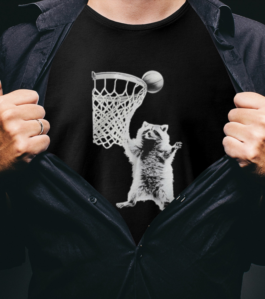 Raccoon Dunking Basketball Fun Animal Sports Play T-Shirt