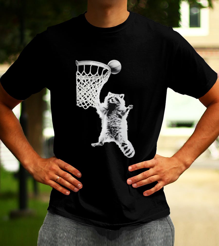 Raccoon Dunking Basketball Fun Animal Sports Play T-Shirt