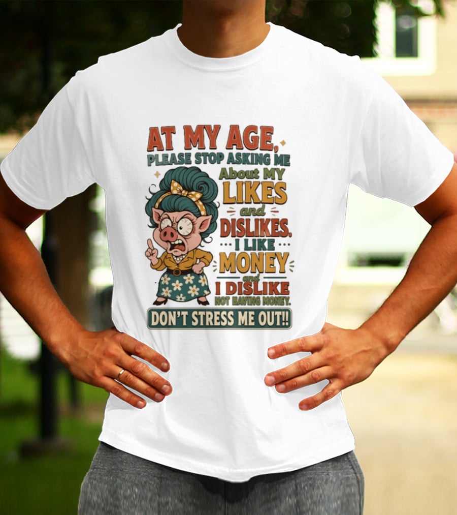 At My Age Please Stop Asking About My Likes I Like Money I Dislike Not Having Money Don't Stress Me Out T-Shirt