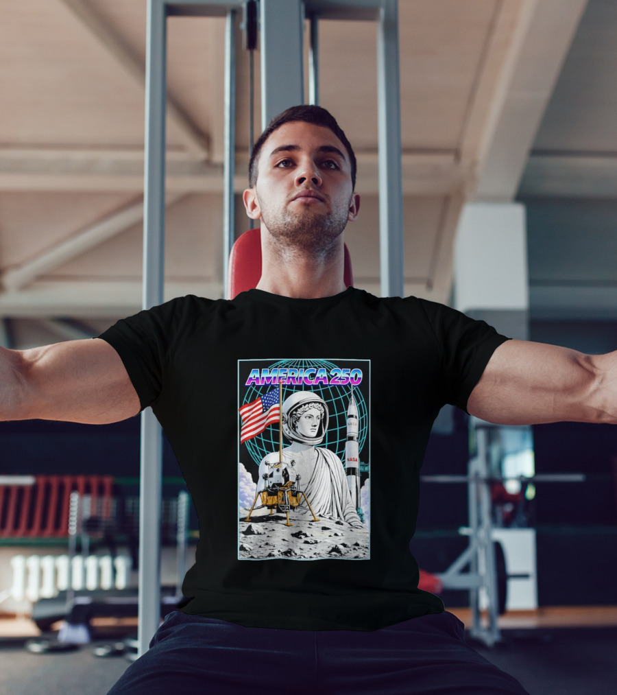 America 250 Apollo Space Rocket NASA Flag Astronaut Statue Moon T-Shirt