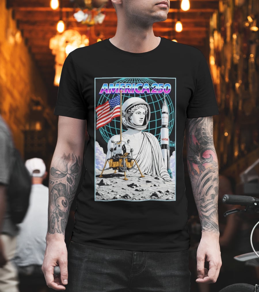 America 250 Apollo Space Rocket NASA Flag Astronaut Statue Moon T-Shirt