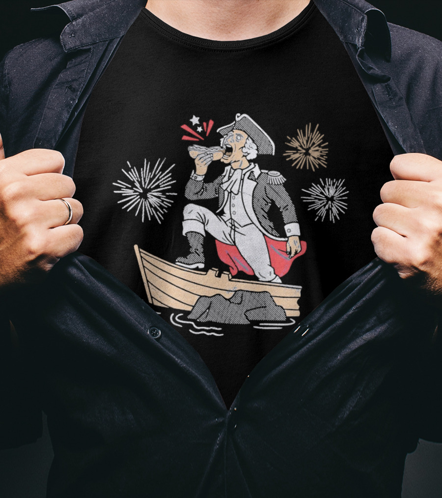 George Washington On Boat Eating Hot Dog With Fireworks Display T-Shirt