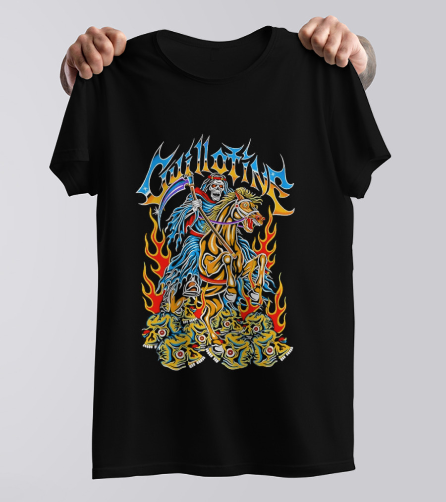 Guillotine Grim Reaper Riding Fiery Horse With Skull And Flames Heavy Metal Concert T-Shirt