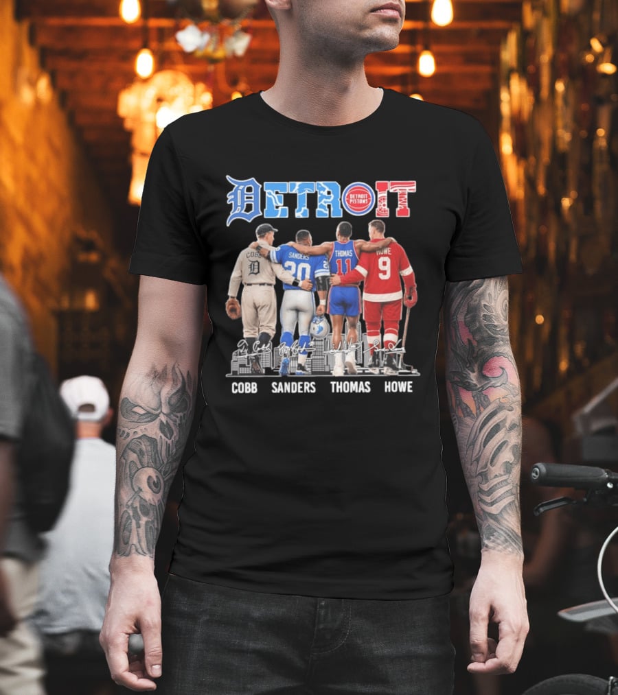 Detroit Icons Ty Cobb Barry Sanders Isiah Thomas Gordie Howe Signatures Skyline T-Shirt
