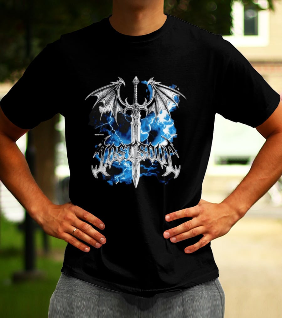 Lost Soul Gothic Sword With Wings And Blue Lightning T-Shirt