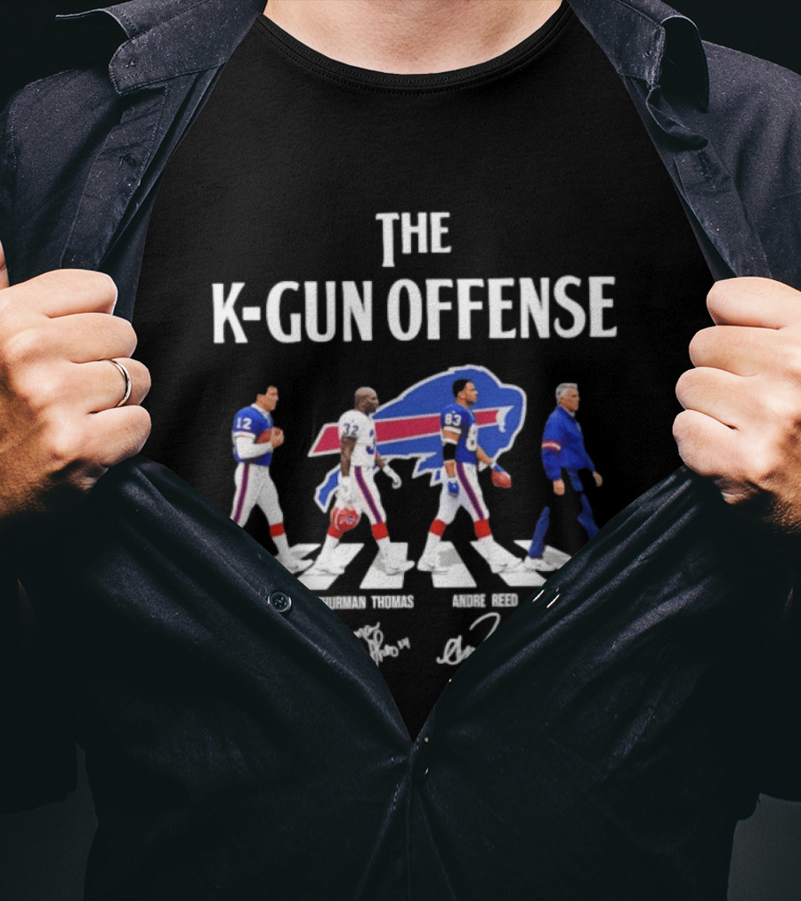 The K Gun Offense Buffalo Bills Jim Kelly Thurman Thomas Andre Reed Marv Levy Abbey Road With Signatures T-Shirt