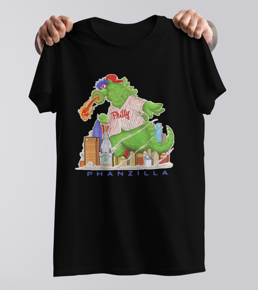 Phillie Phanatic Phanzilla Cityscape Fire Breathing Baseball T-Shirt