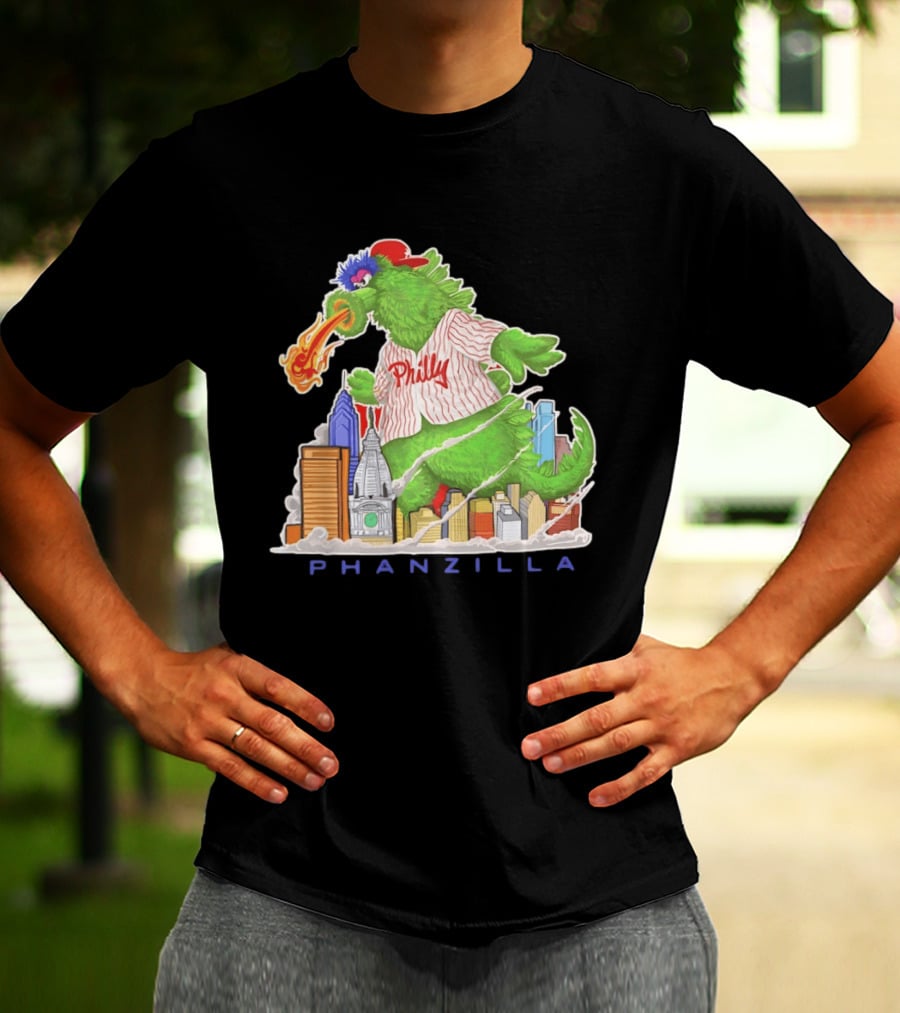 Phillie Phanatic Phanzilla Cityscape Fire Breathing Baseball T-Shirt