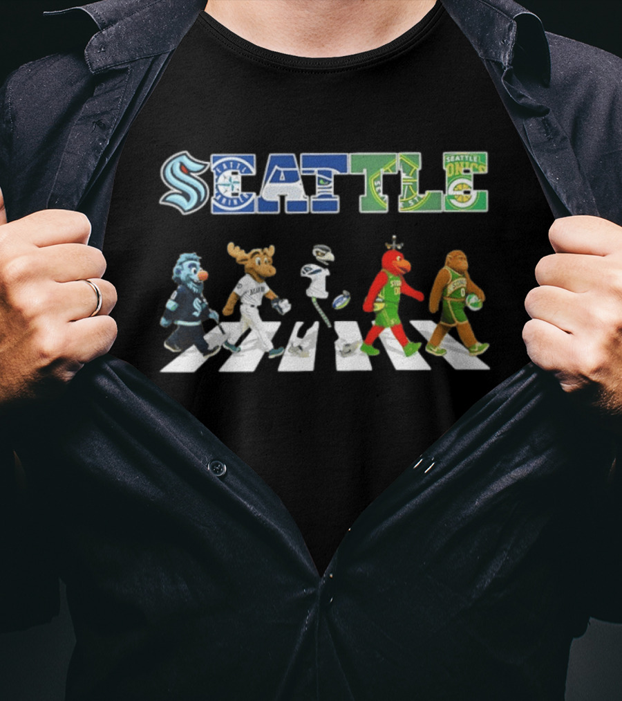 Seattle Kraken Mariners Seahawks Storm Sonics Mascots Abbey Road 2026 T-Shirt