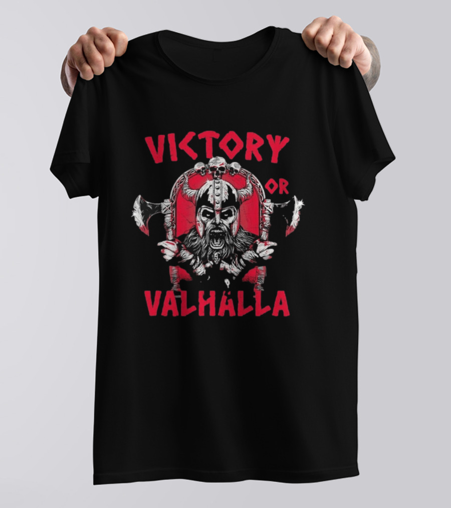 Victory Or Valhalla Viking Warrior Skull Axe Helmet Norse T-Shirt
