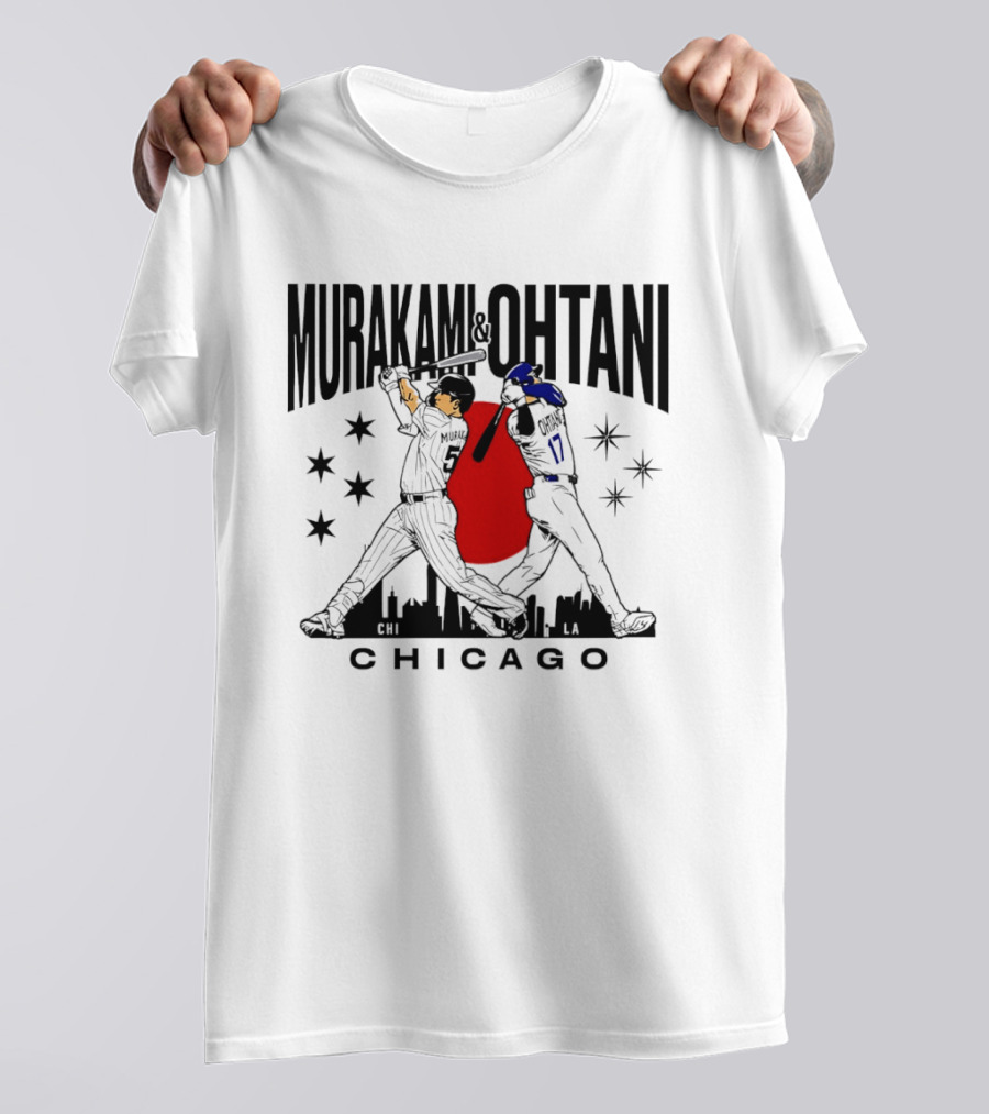 Murakami Ohtani Chicago Baseball Crossed Bats Skyline Stars Red Sun Japan T-Shirt