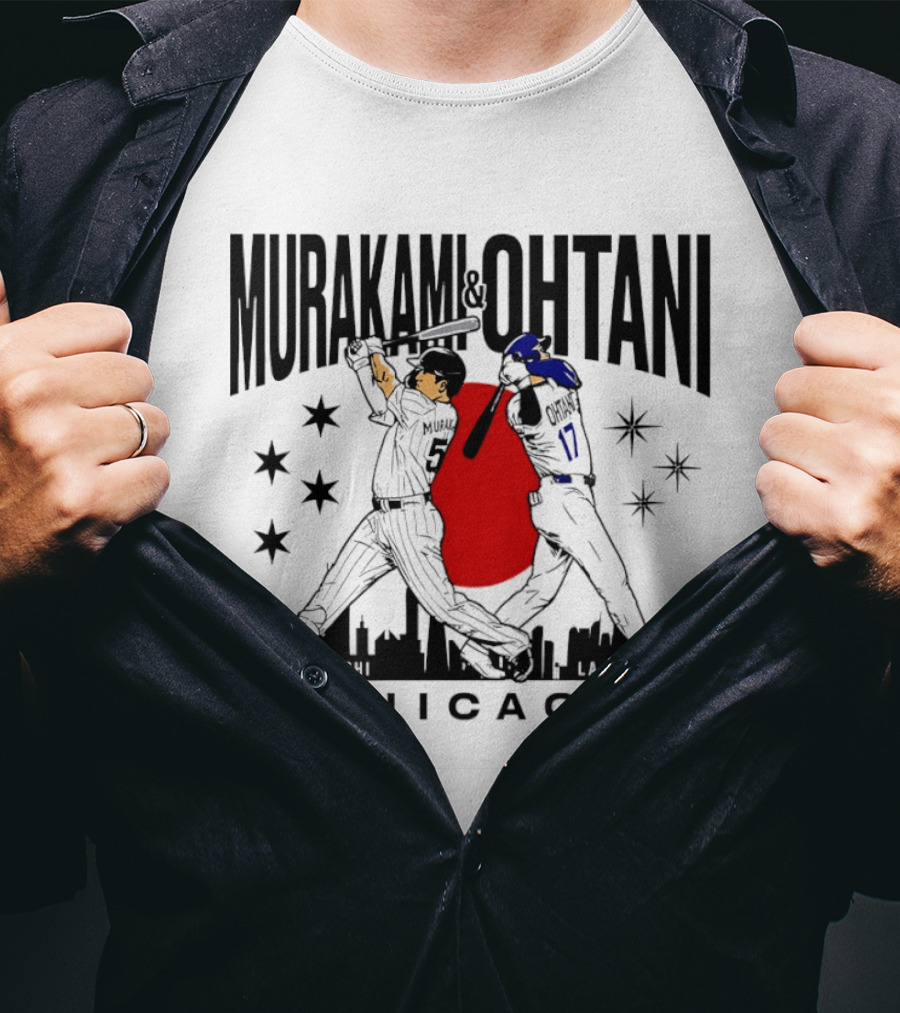 Murakami Ohtani Chicago Baseball Crossed Bats Skyline Stars Red Sun Japan T-Shirt