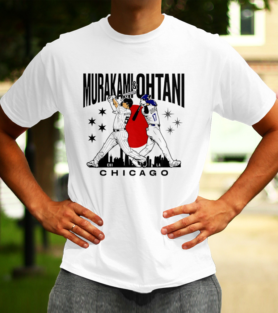Murakami Ohtani Chicago Baseball Crossed Bats Skyline Stars Red Sun Japan T-Shirt