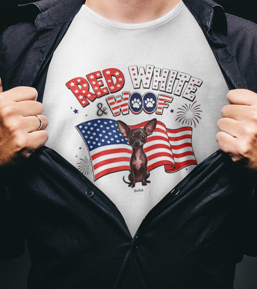Chihuahua Red White And Woof US Flag Fireworks Celebration T-Shirt