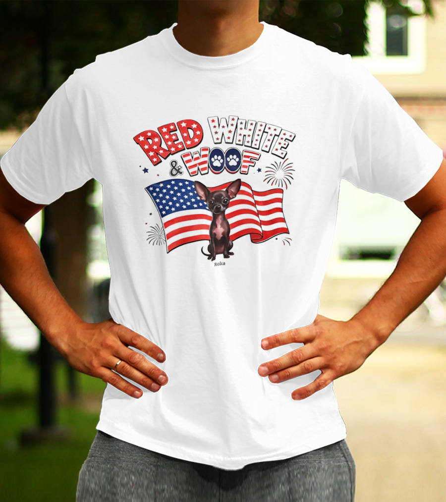 Chihuahua Red White And Woof US Flag Fireworks Celebration T-Shirt