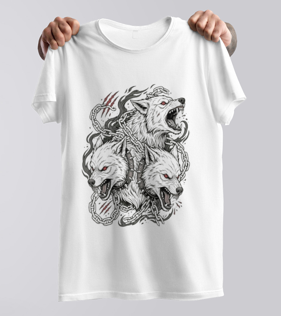 Three Headed Wolf Cerberus Mythology Red Eyes Fierce Gaze T-Shirt