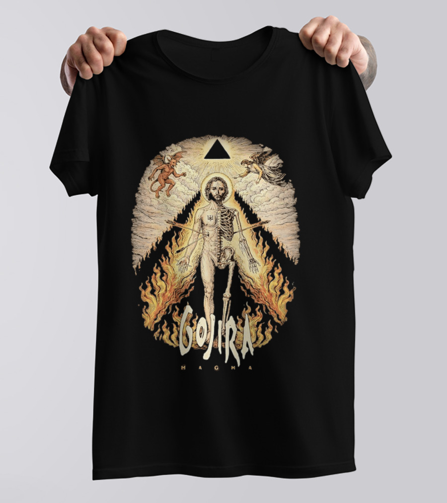 Gojira Magma Half Skeleton Half Human Devil Angel Flames Pyramid T-Shirt