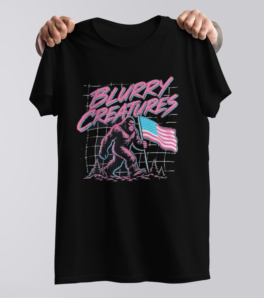 Blurry Creatures Bigfoot Holding American Flag With Retro Grid T-Shirt