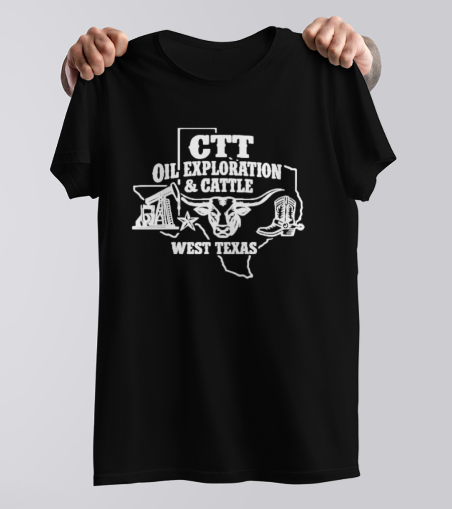 CTT Oil Exploration Cattle West Texas Longhorn Map Boots T-Shirt