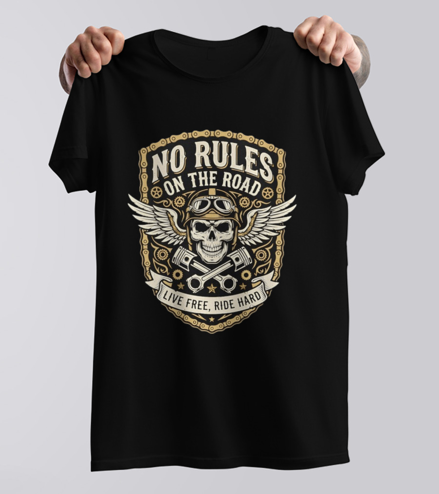 No Rules On The Road Live Free Ride Hard Skull Wings Goggles T-Shirt
