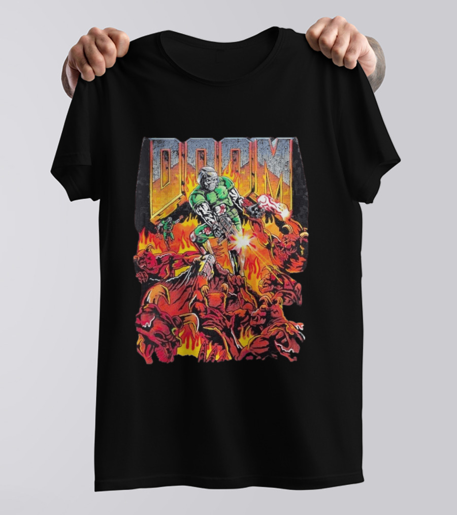Doom Marine Warren Lotas Retro Video Game Demon Slayer Action Scene T-Shirt