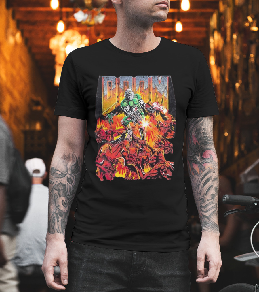 Doom Marine Warren Lotas Retro Video Game Demon Slayer Action Scene T-Shirt