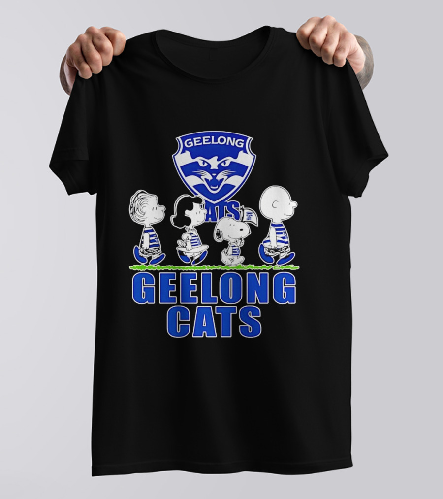 Peanuts Snoopy Charlie Brown Lucy Schroeder Geelong Cats AFL Fan T-Shirt