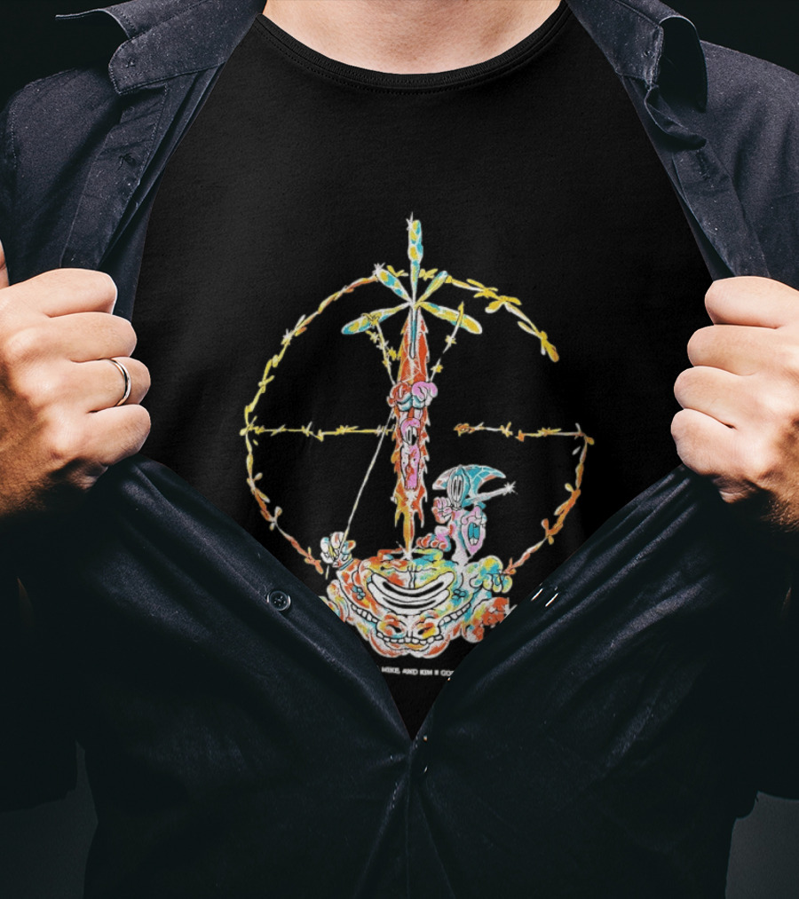 Psychedelic Skeleton Cross Barbed Wire Flowers T-Shirt