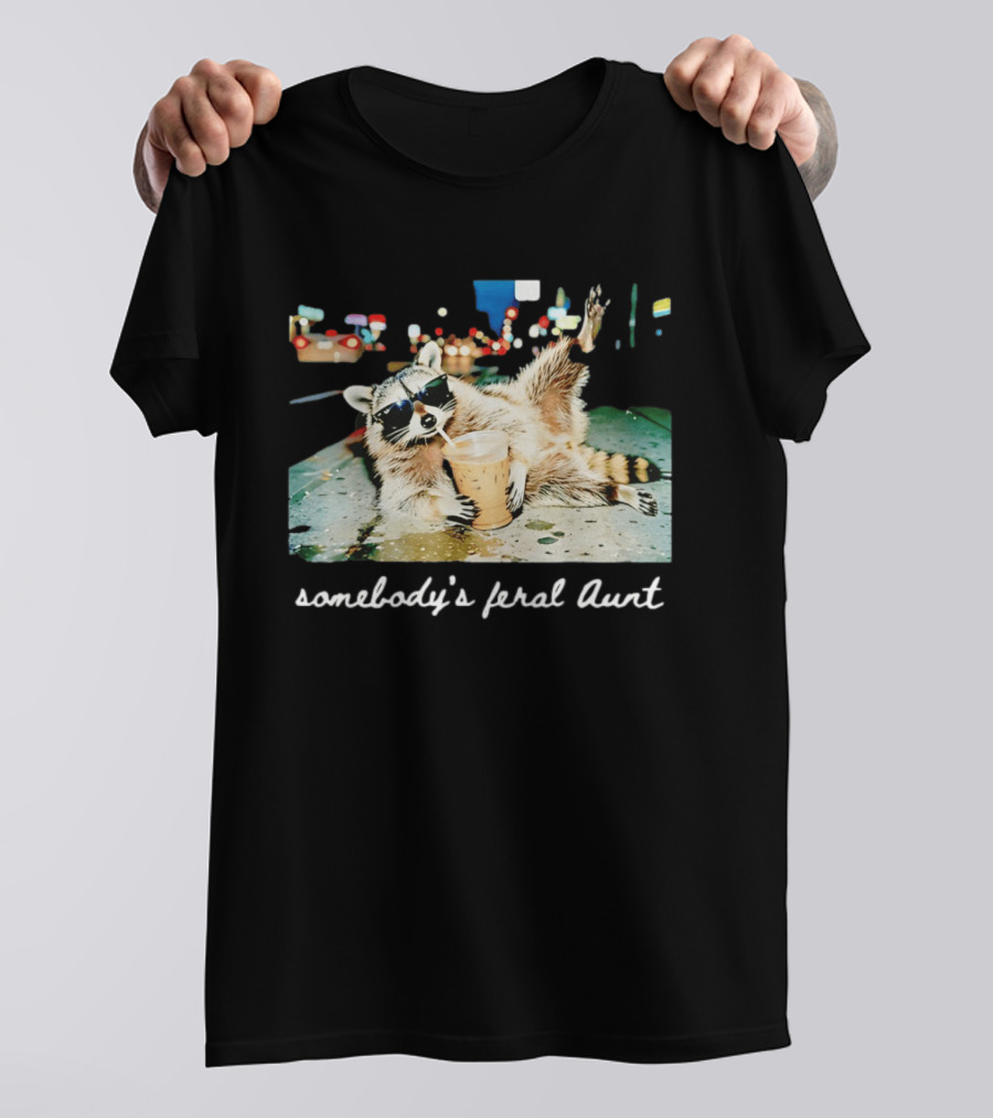 Somebody's Feral Aunt Raccoon Drinking Iced Coffee T-Shirt