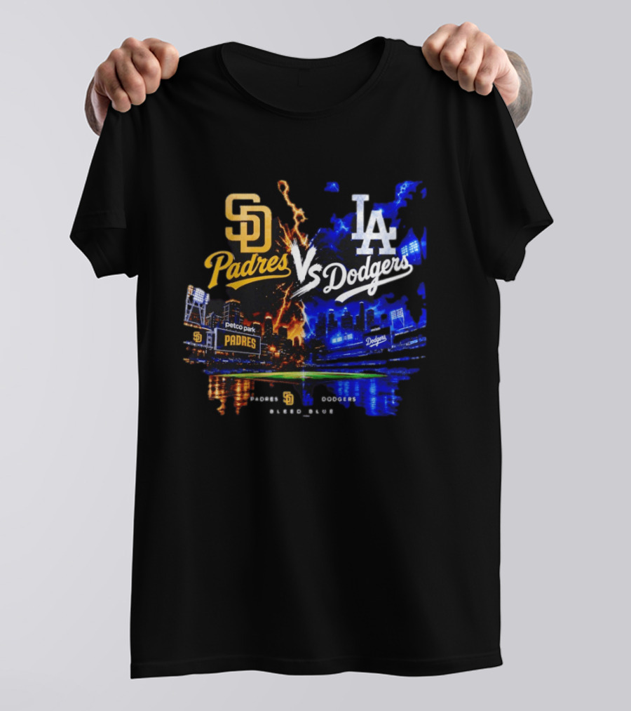 San Diego Padres Vs Los Angeles Dodgers Bleed Blue Petco Park Stadium Lightning T-Shirt
