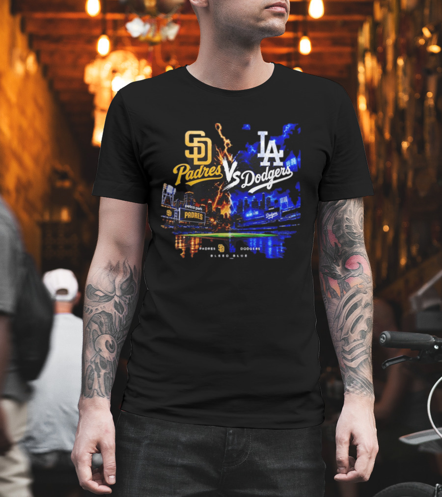 San Diego Padres Vs Los Angeles Dodgers Bleed Blue Petco Park Stadium Lightning T-Shirt