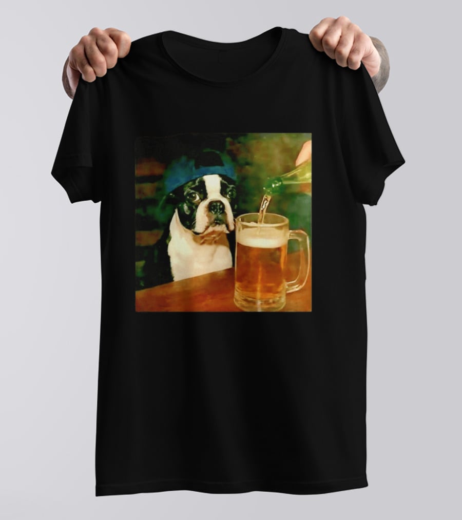 Boston Terrier Baseball Cap Drinking Beer T-Shirt