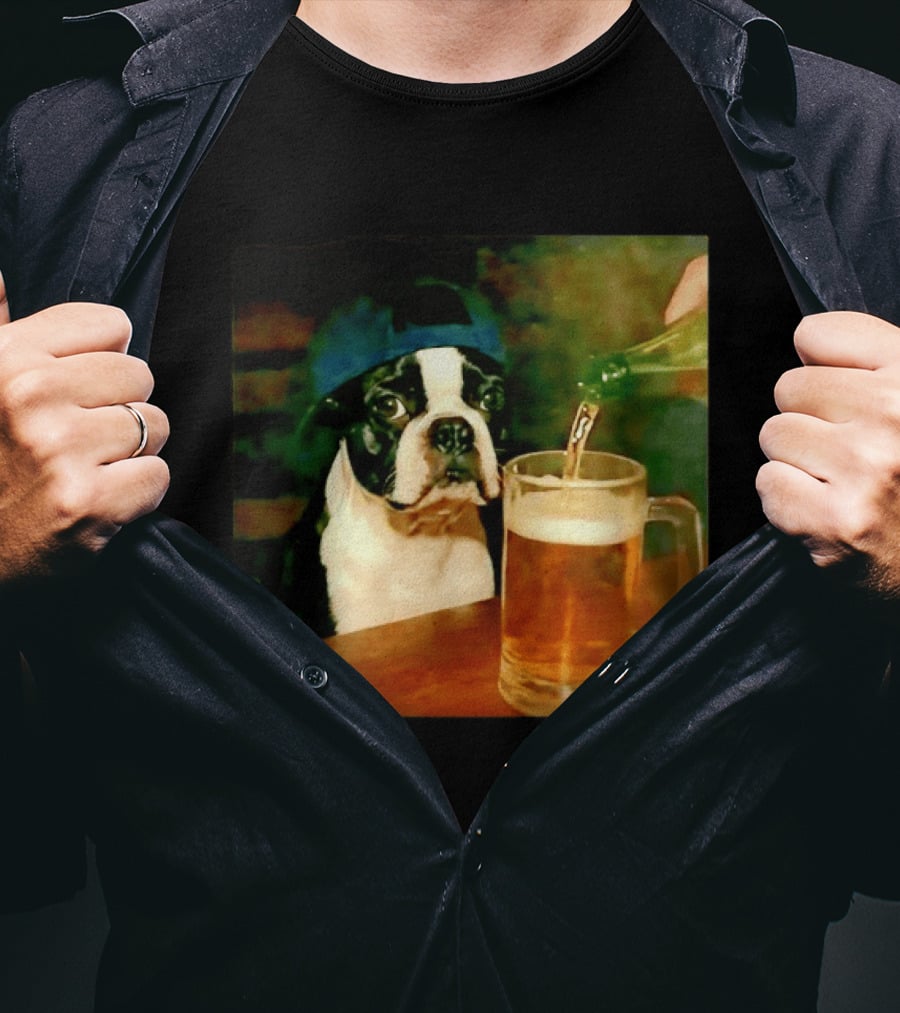 Boston Terrier Baseball Cap Drinking Beer T-Shirt